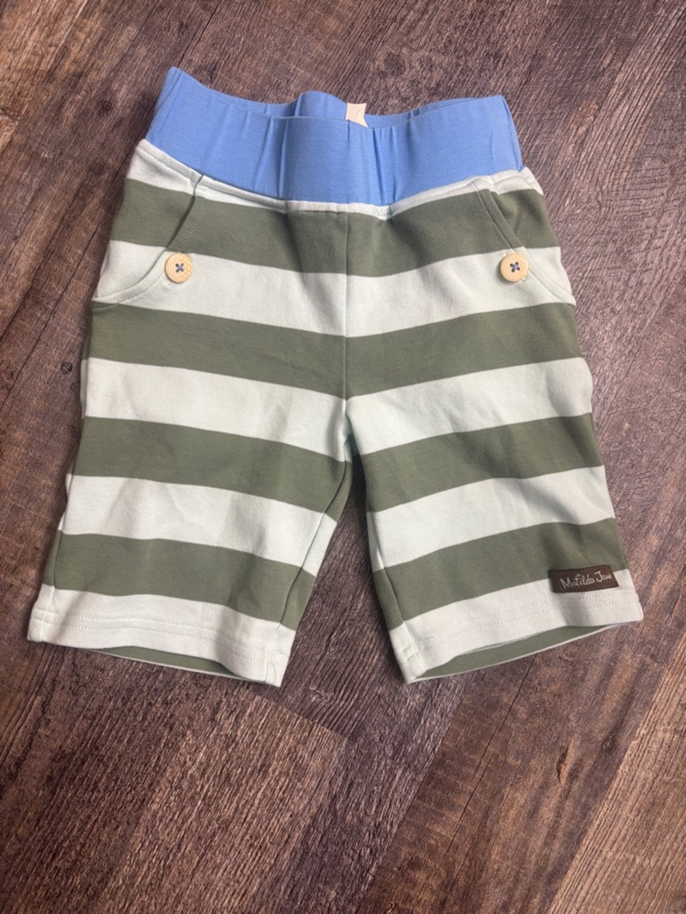 Matilda Jane Olive & Light Mint Striped Pull-On Shorts with Blue Waistband